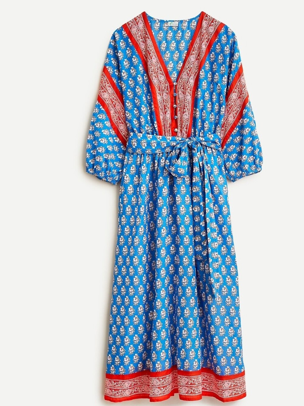 NEW J Crew Cotton V-Neck Block Print Dress Size Medium Blue Red Belted